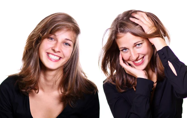 Kollázs - két boldog fiatal nő — Stock Fotó