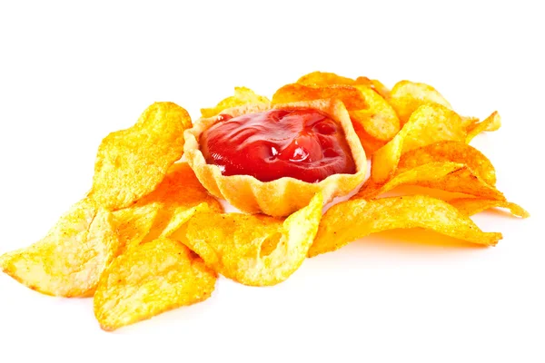 Potatischips Och Tomatketchup Vit Bakgrund — Stockfoto