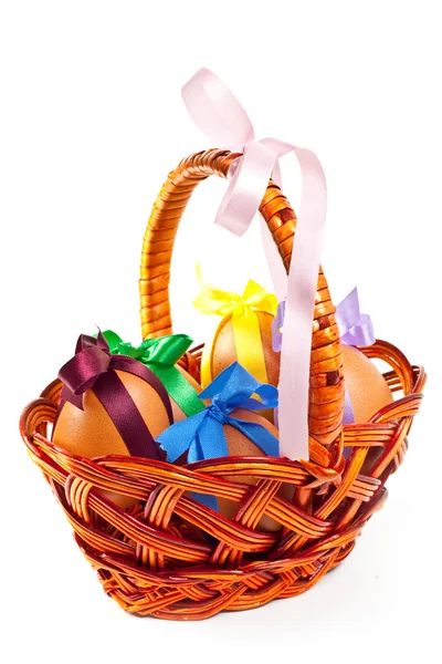 Eggs in brown basket — Stock Photo, Image