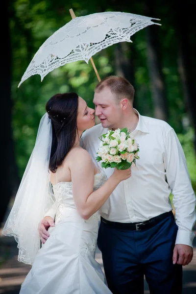 Nygifta Porträtt Solig Sommar Park — Stockfoto