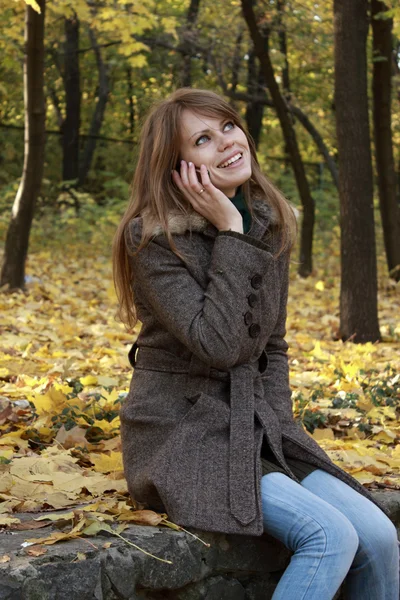 Girl Talking Mobile Phone Sunny Autumn Day — Stock Photo, Image