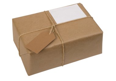 Brown paper package tied with string with label