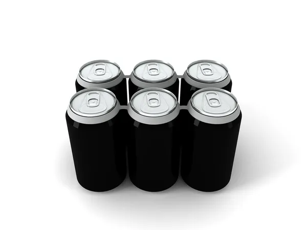 Abbildung Von Sechs Schwarzen Aluminiumdosen Auf Weißem Hintergrund — Stockfoto