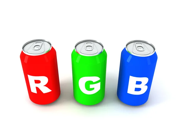 Ilustração 3d de três latas de alumínio coloridas com letras RGB — Fotografia de Stock