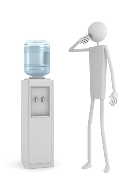 Uomo acqua potabile vicino refrigeratore con bottiglia d'acqua — Foto Stock