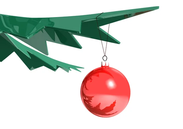 Röd jul boll isolerad på vitt på julgran — Stockfoto