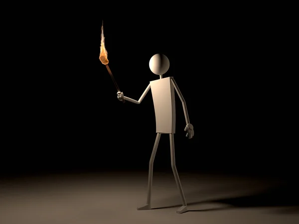 Homem vai com tocha flamejante no escuro — Fotografia de Stock