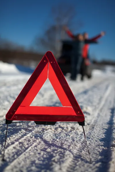 Man Woman Broken Country Road Hazard Warning Sign Foreground — Stock Photo, Image