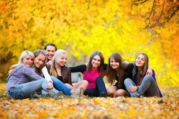 Many young girls in the autumn park — Stock Photo, Image