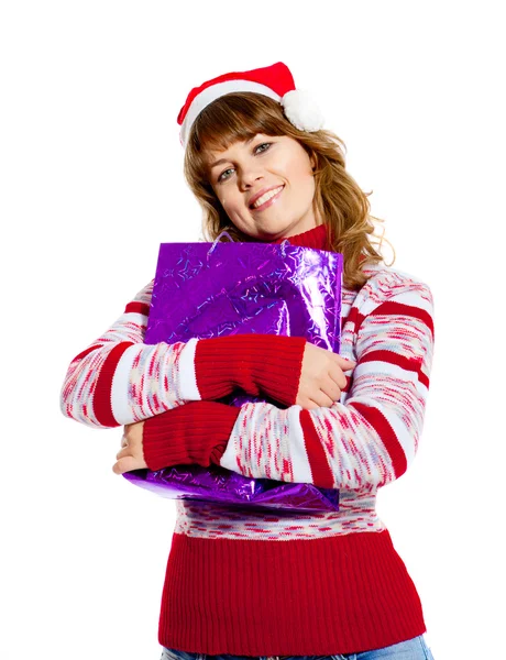 Mulher bonita em chapéu de Natal — Fotografia de Stock