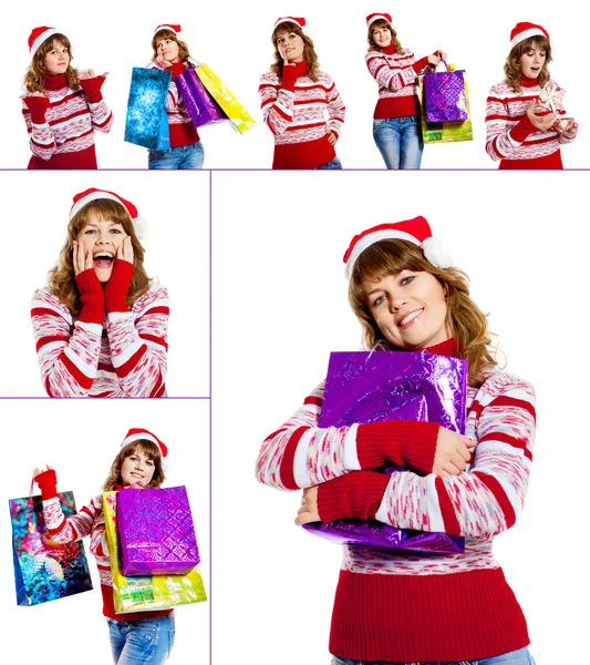 Schöne Frau mit Weihnachtsmütze. Collage — Stockfoto