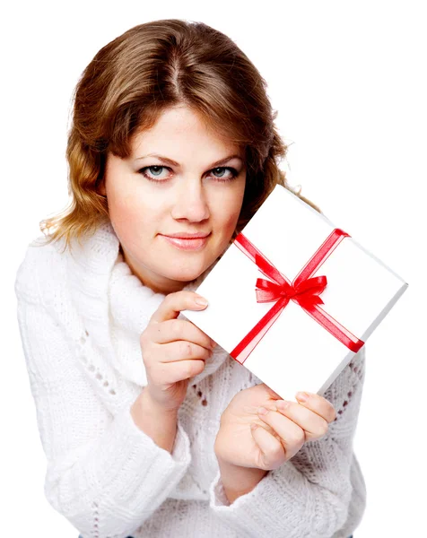 Beautiful woman with gift — Stock Photo, Image