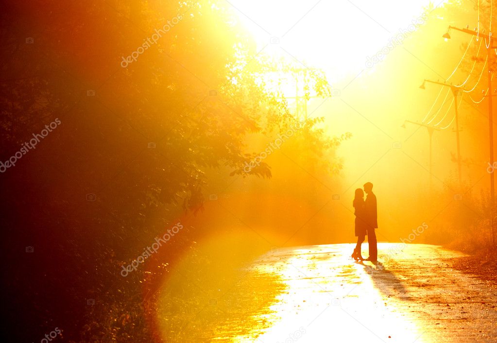 Beautiful shot of kissing couple in the sunlight
