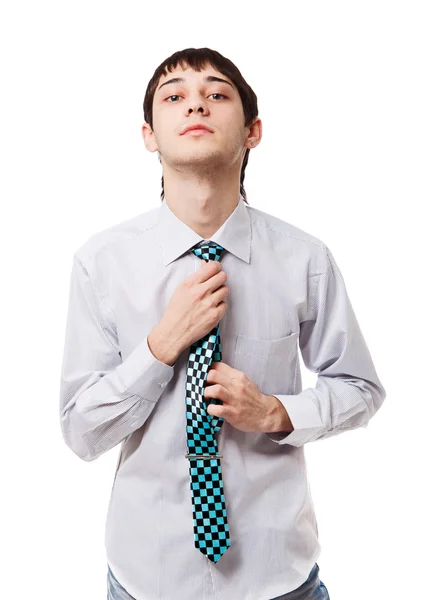 Young Man Holding His Tie Isolated White Bakground — Stock Photo, Image