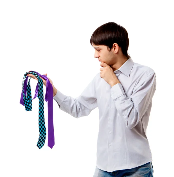 Junge Person Entscheidet Sich Für Krawatte Isoliert Auf Weißem Hintergrund — Stockfoto