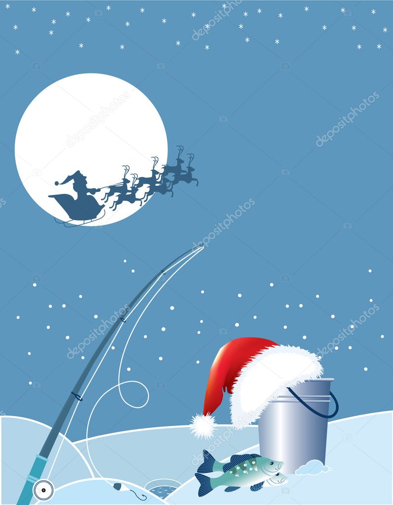 Santa Fishing . Christmas Cartoons With Fishing Elements In Winter