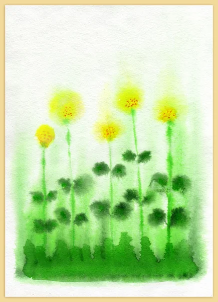 水彩画の黄色の花と緑の芝生 — ストック写真