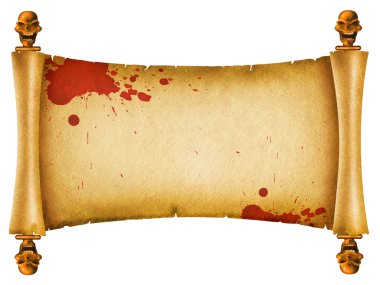 Old scroll with skulls decor and red blood.Background clipart