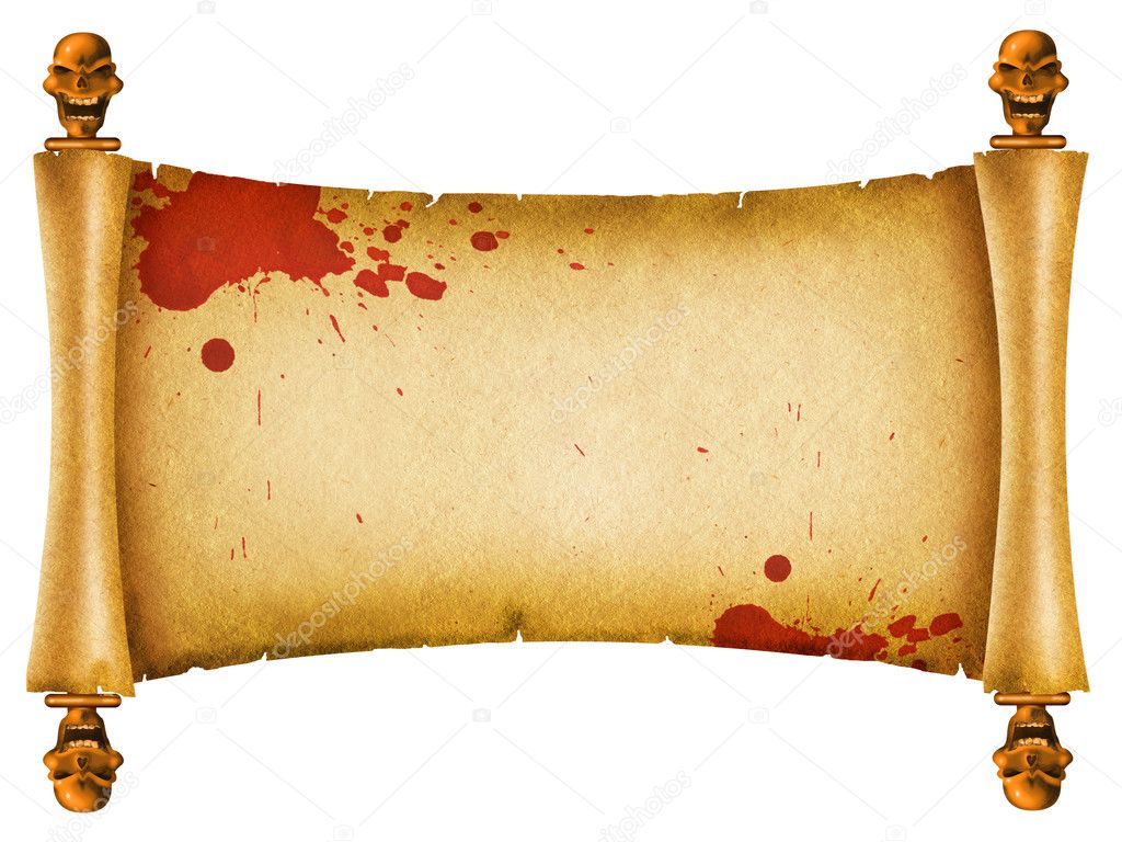 Old scroll with skulls decor and red blood.Background