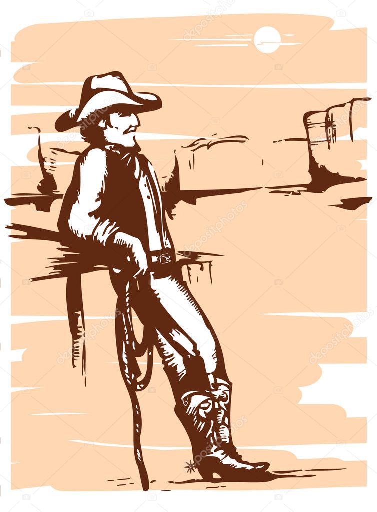 Cowboy on rancho with lasso.Vector graphic image.