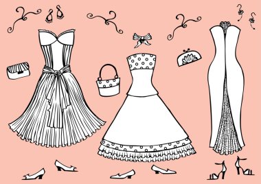 Fashion dresses and accessories for woman.Vector graphic clothes for design clipart
