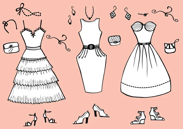 Módní šaty a doplňky pro grafické oblečení woman.vector — Stockový vektor