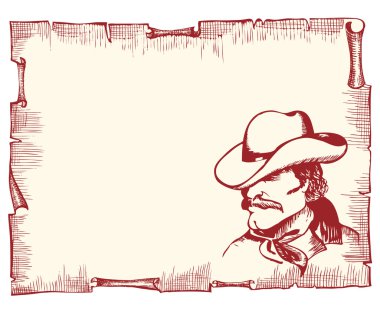 Cowboy portrait on old paper background for text.vector image of strong man clipart