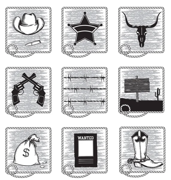 Vector Στοιχεία Ζωή Καουμπόη Μαύρο Σκιαγραφίες Σύμβολα Λευκό — Διανυσματικό Αρχείο