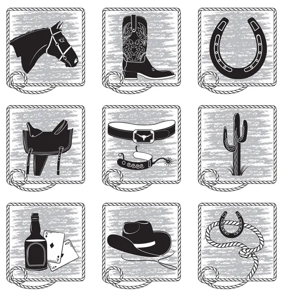 Elementos de la vida del vaquero. Vector siluetas negras símbolos en blanco — Vector de stock
