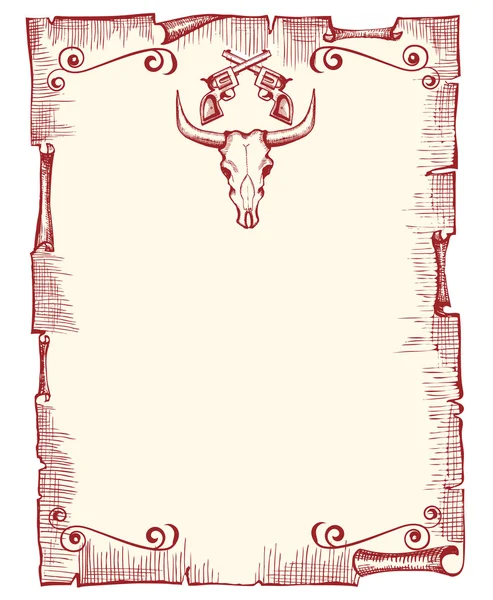 牛仔旧纸张背景带有牛头骨和 Guns Vector 复古形象的文字 — 图库矢量图片