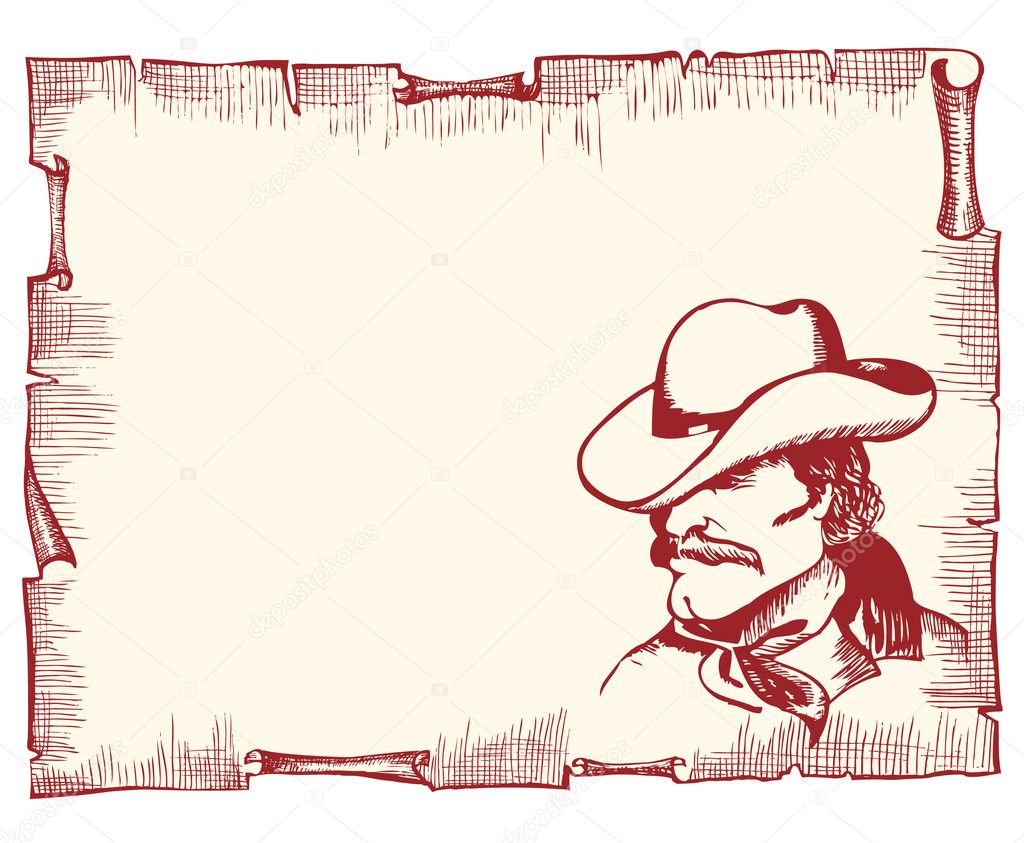 Cowboy portrait on old paper background for text.vector image of strong man