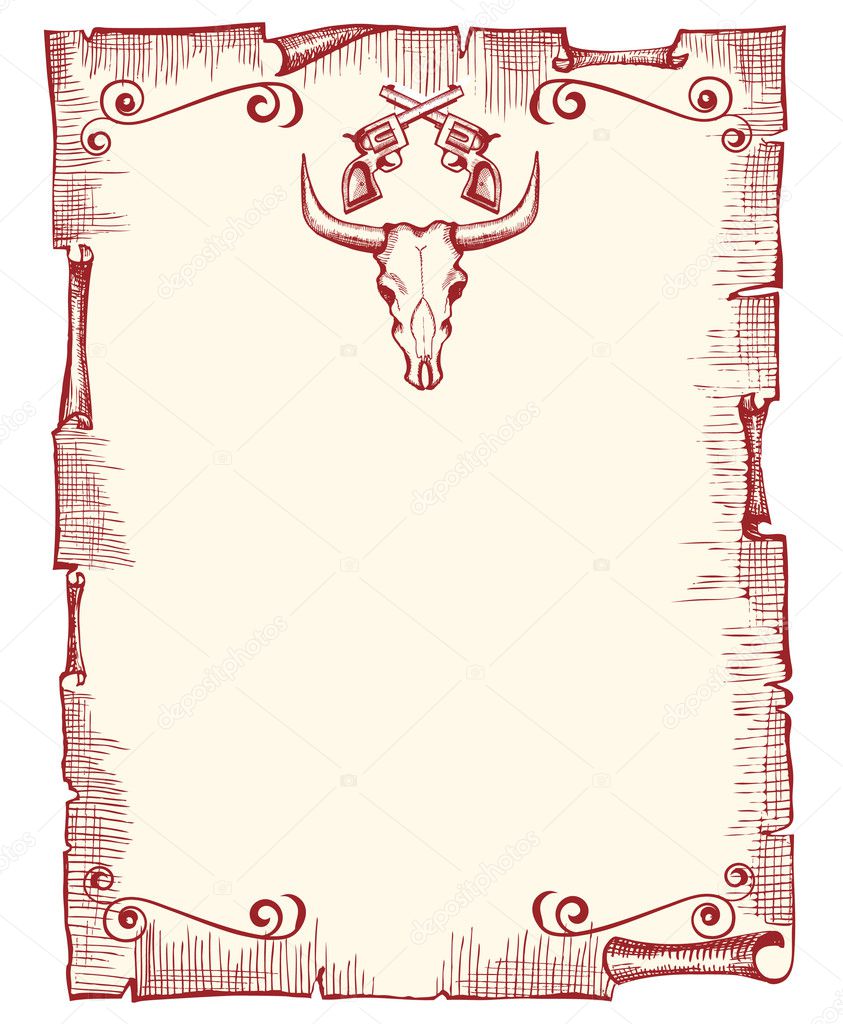 Cowboy old paper background for text with bull skull and guns.Vector vintage image