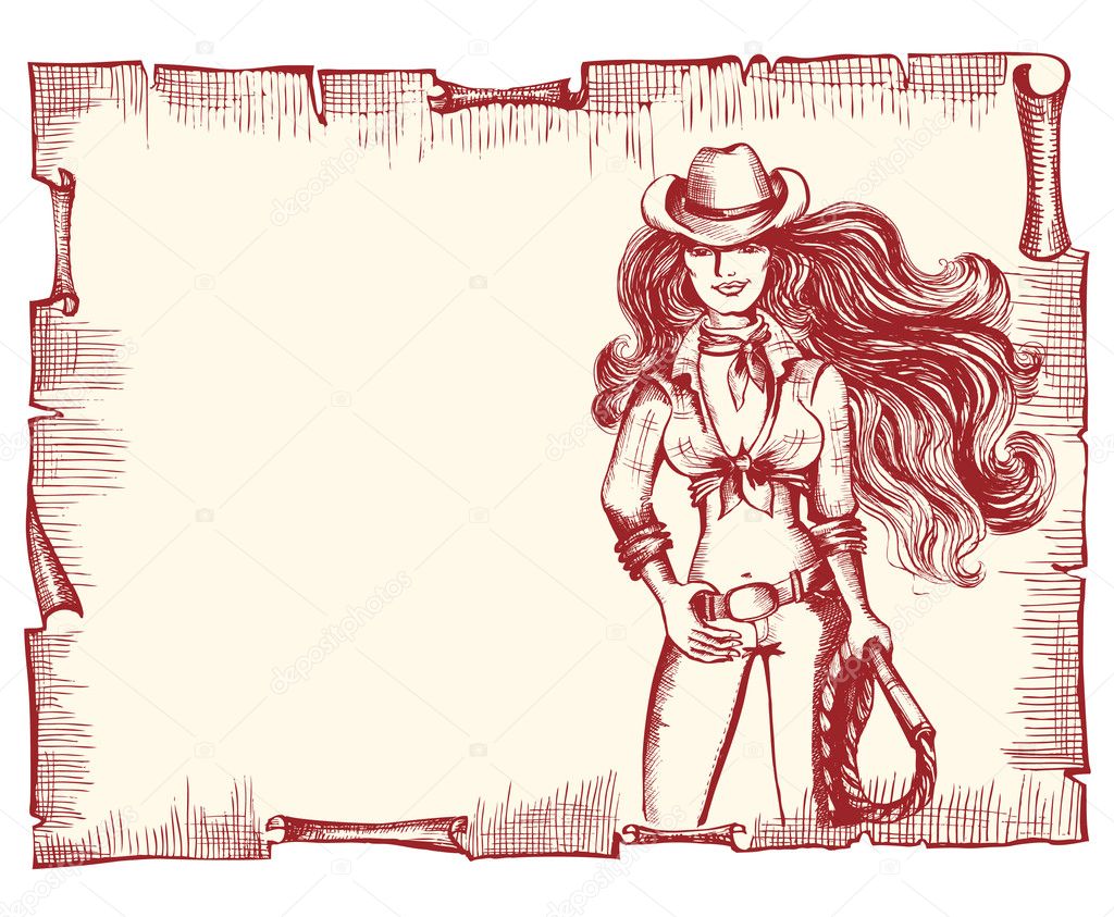 Cowgirl with lasso.Vector sexy woman on old paper background