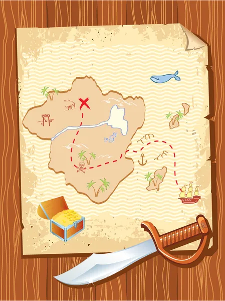 Old parchment with pirate map and dagger- vector illustration. — Stock Vector
