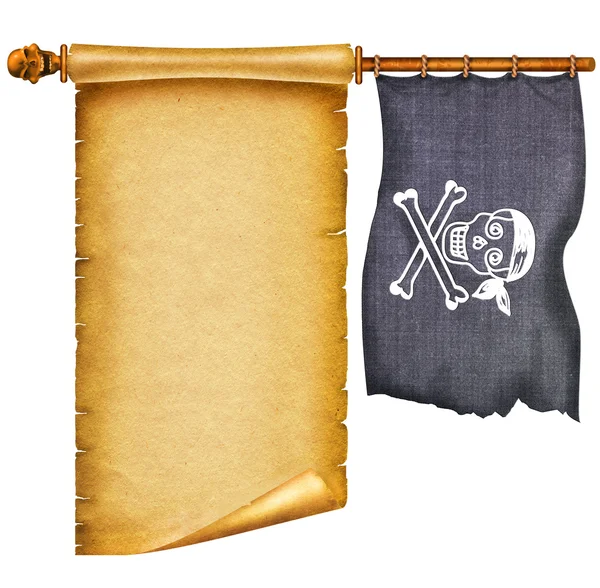 Staré náležet svitek s pirátské lebky a vlajky — Stock fotografie
