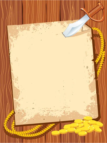 Papír pozadí pirát s nožem a zlaté peníze za text.vecto — Stockový vektor