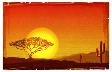 African sunset illustration on old paper texture.Savanna backgro clipart