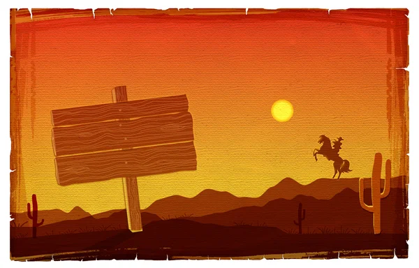 Cowboy at sunset texas background with board for design — 스톡 사진