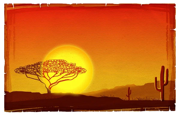 Illustrazione tramonto africano su vecchia carta texture.Savanna backgro — Foto Stock