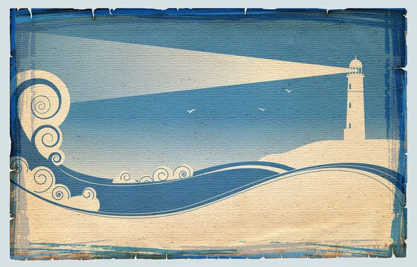 Symbolen van lighhouse in zee landschap op oude papier textuur — Stockfoto