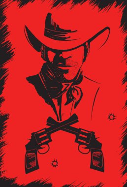 Cowboy in hat with guns.Vector graphic poster on red clipart