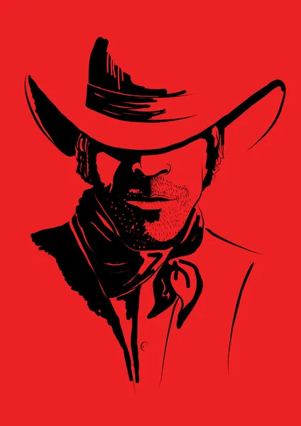 Retrato vetorial de cowboy no vermelho. Homem forte no chapéu de cowboy —  Vetores de Stock
