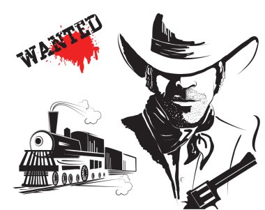 Vector bandit and locomotive. Western poster clipart