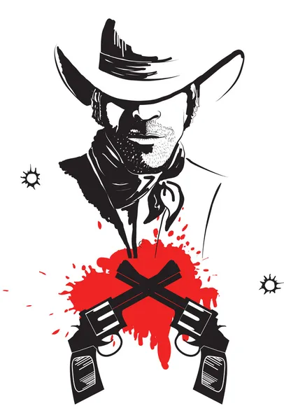 Cowboy em chapéu com pistolas de sangue.Cartaz gráfico vetorial —  Vetores de Stock