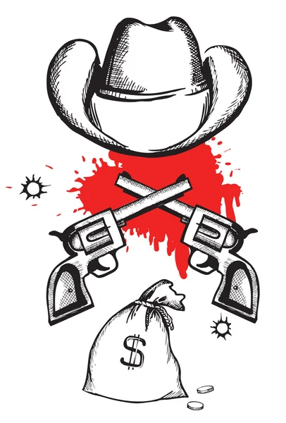 Sombrero vaquero con armas de sangre.Vector gráfico poste criminal occidental — Vector de stock