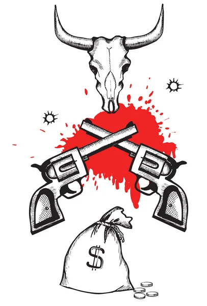 Ouro dinheiro e sangue guns.Vector gráfico cartaz ocidental criminoso —  Vetores de Stock