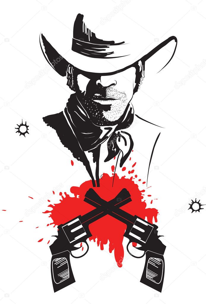 Cowboy in hat with blood guns.Vector graphic poster