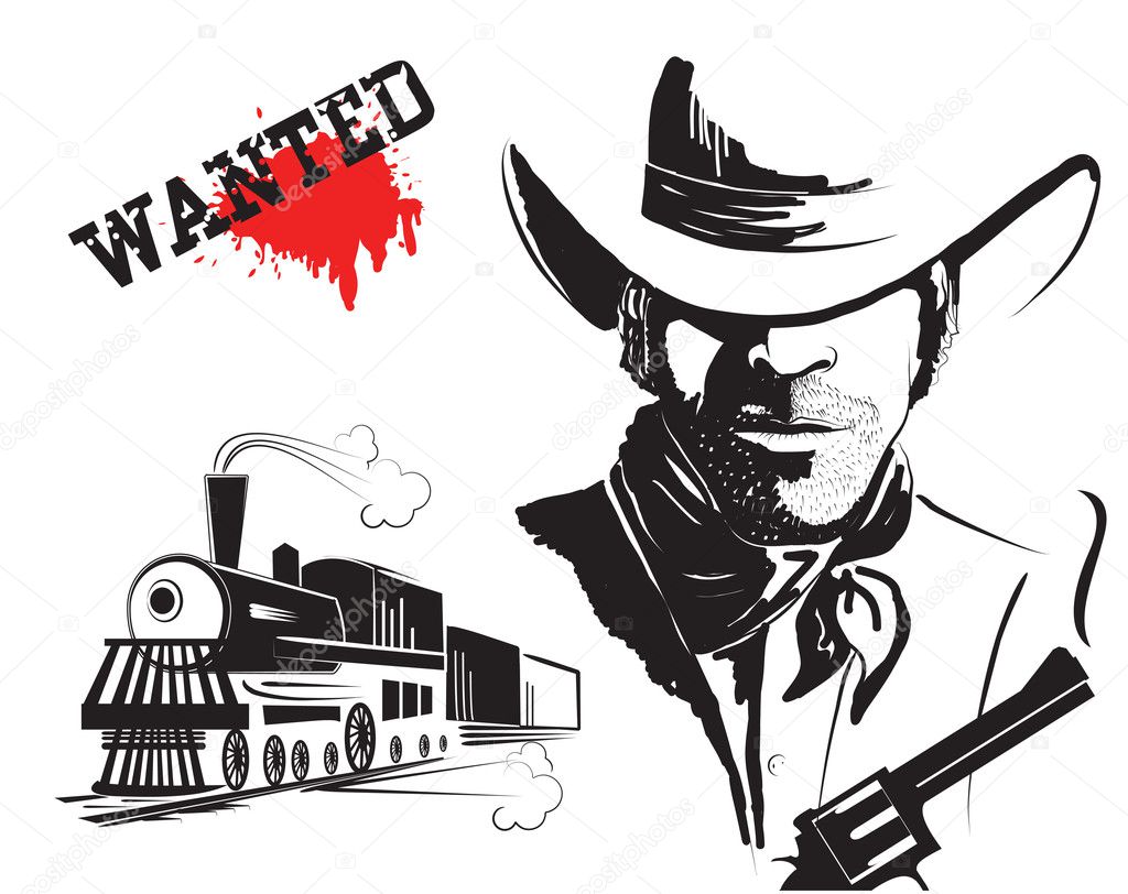 Vector bandit and locomotive. Western poster