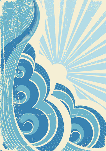 Vintage sea waves and sun. Vector illustration of sea landscape