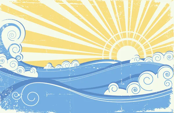 Vagues de mer vintage. Illustration vectorielle du paysage marin avec soleil — Image vectorielle